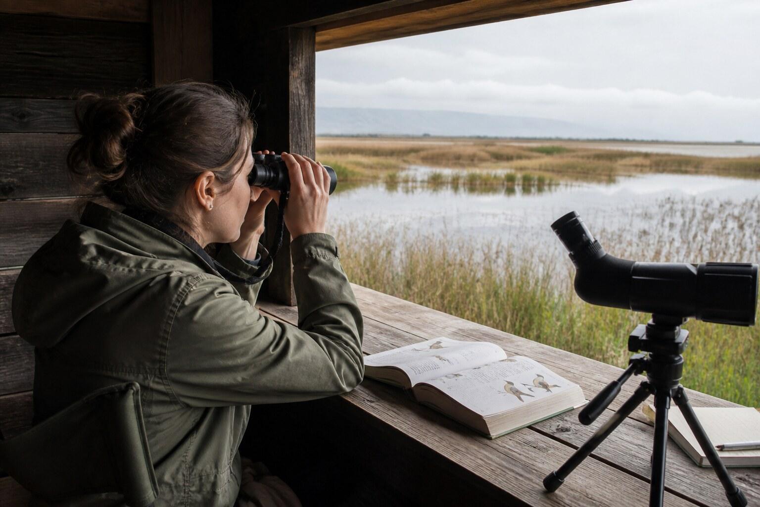 Birdwatcher using binoculars from a wooden wetland hide