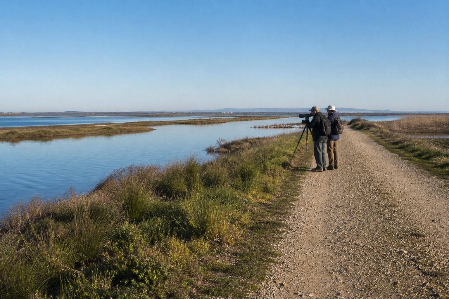 Walkers following a quiet path beside Ebro Delta lagoons
