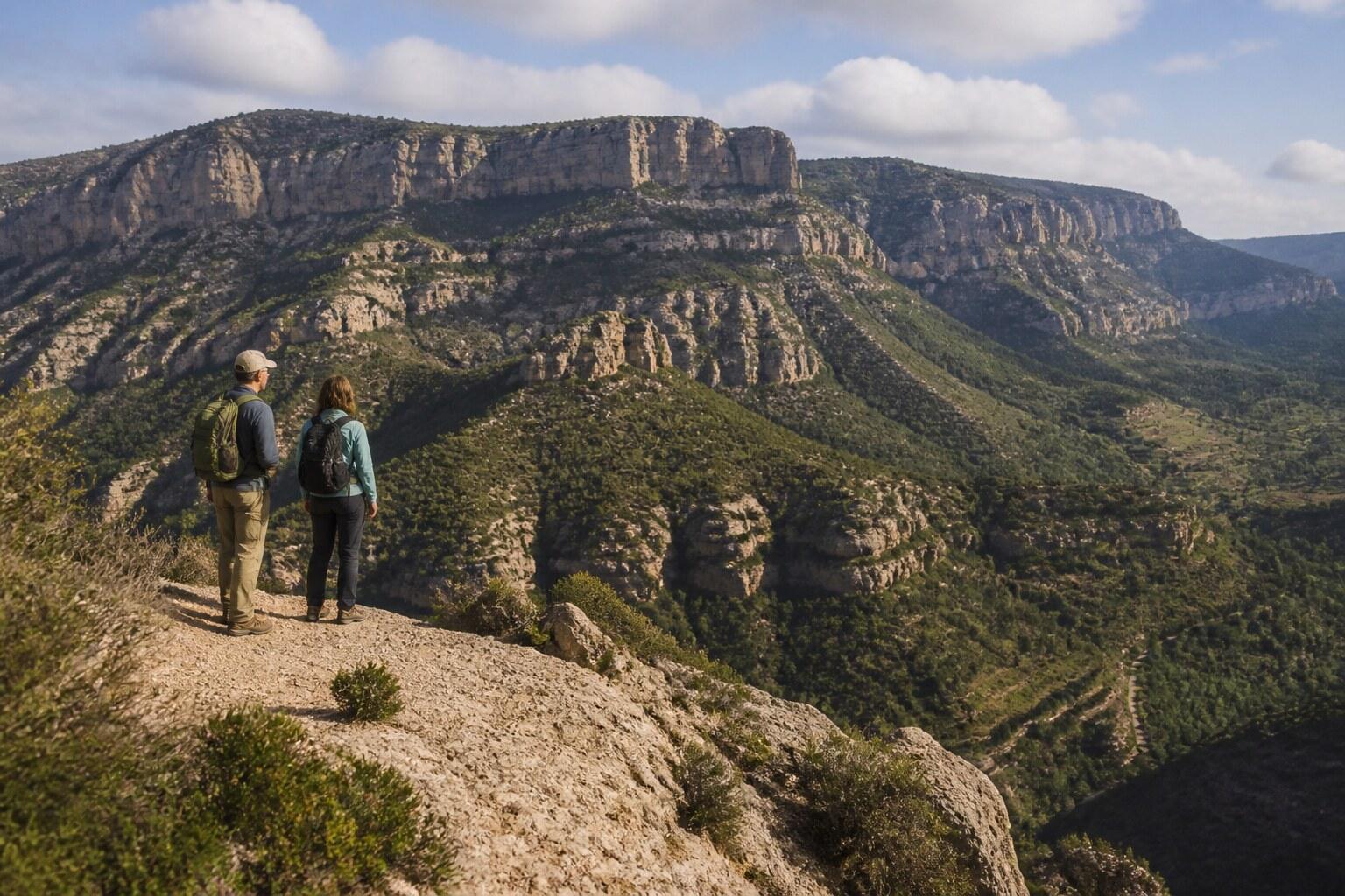 Hiker crossing the folded cliffs and paths of Montsant