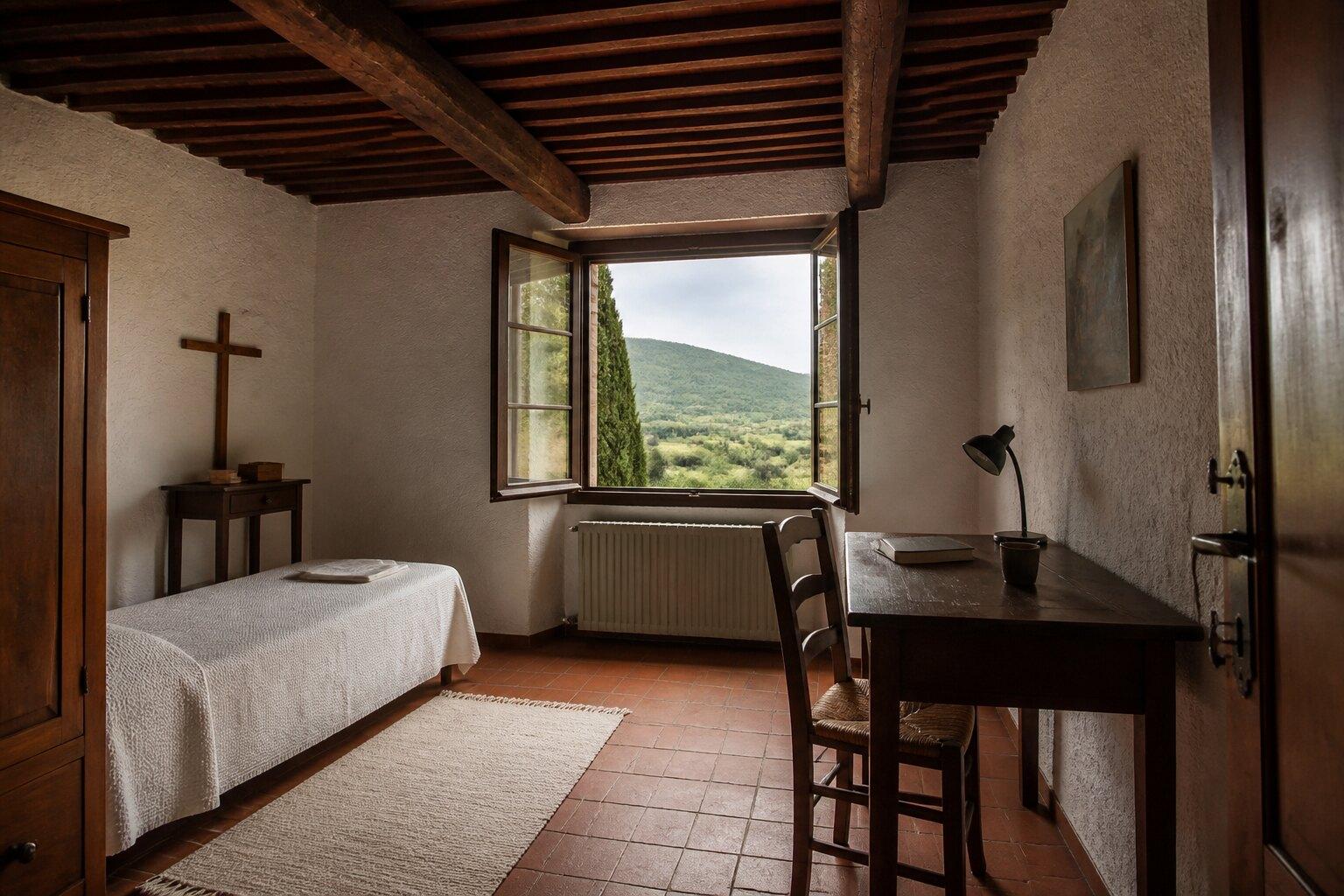 Simple monastery guest room with a desk and countryside view