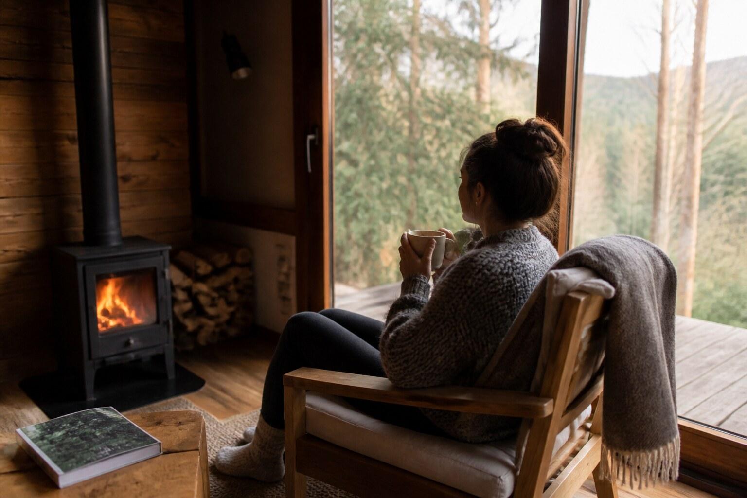 Traveler reading by a forest-cabin window in Les Guilleries