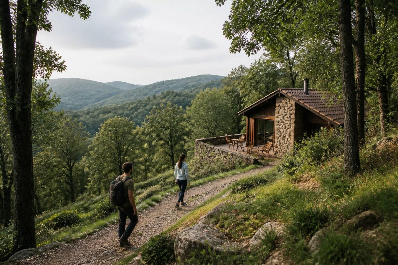Walkers following a wooded path near a secluded cabin