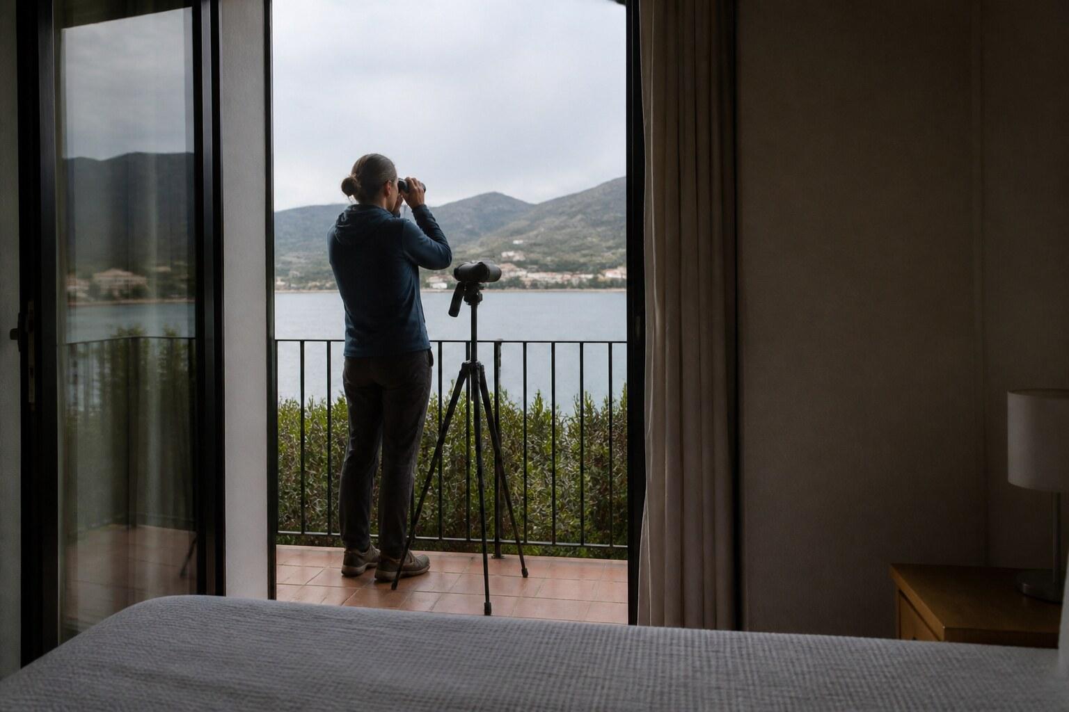 Traveler looking from a quiet room toward Port de la Selva