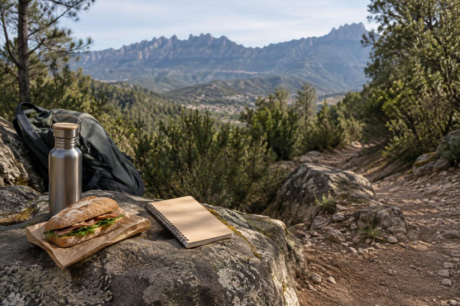 Packed lunch and notebook on a rock beside a forest path