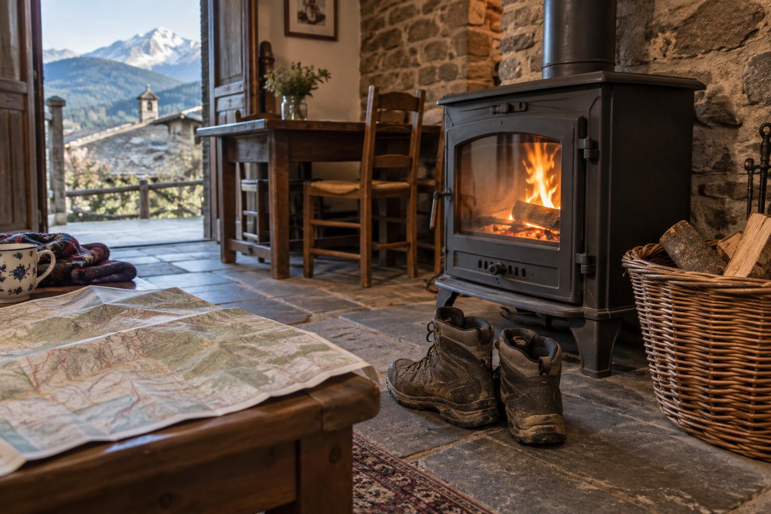 Boots and a paper map beside a warm rural guesthouse stove