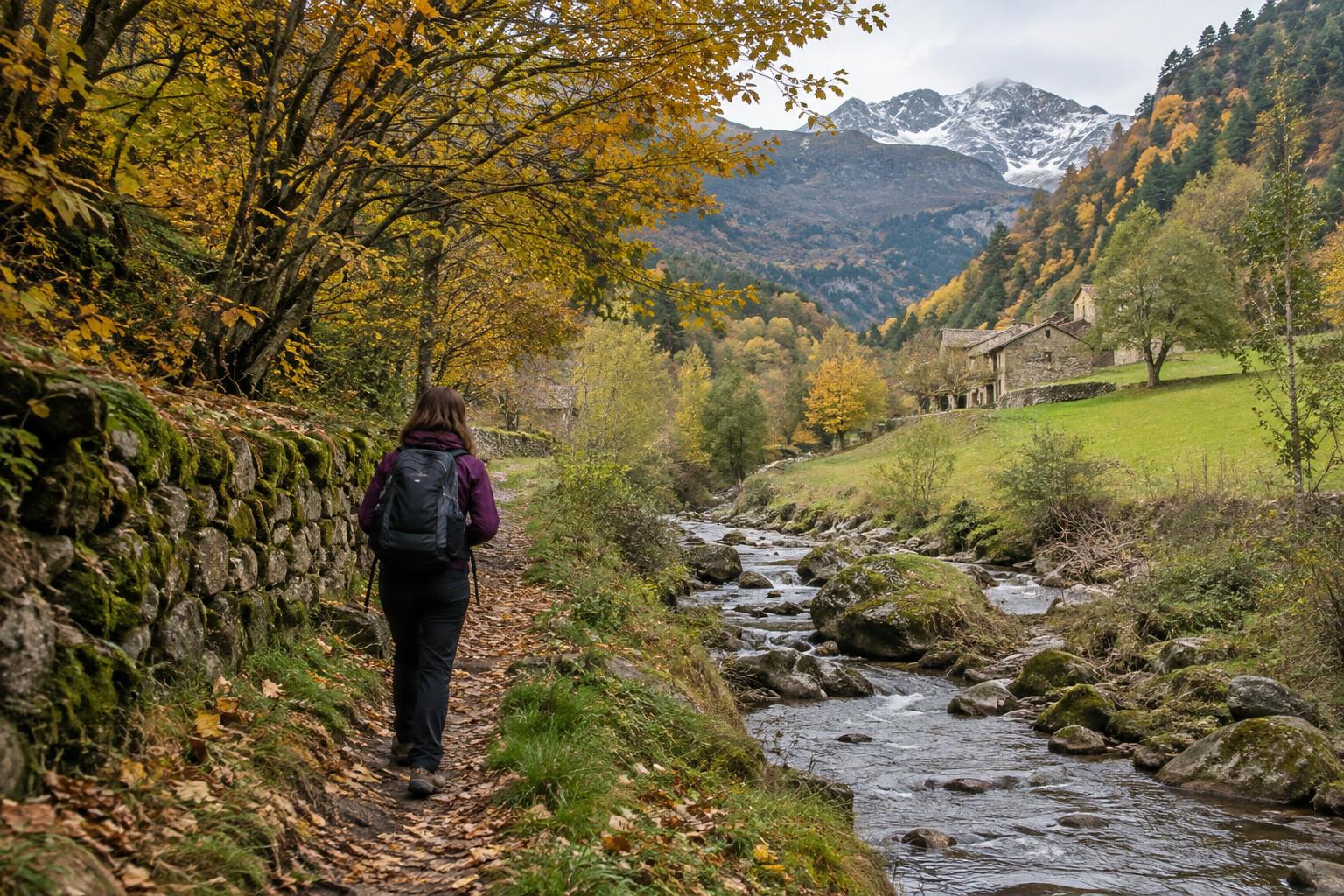 Walker following a low valley path beside autumn woodland