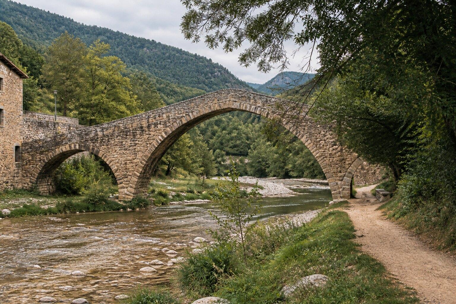 Romanesque stone bridge in the Vall de Lord countryside