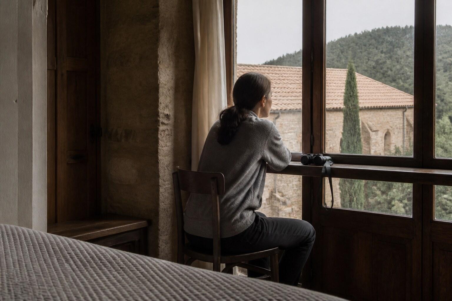 Visitor sitting quietly inside a stone monastery