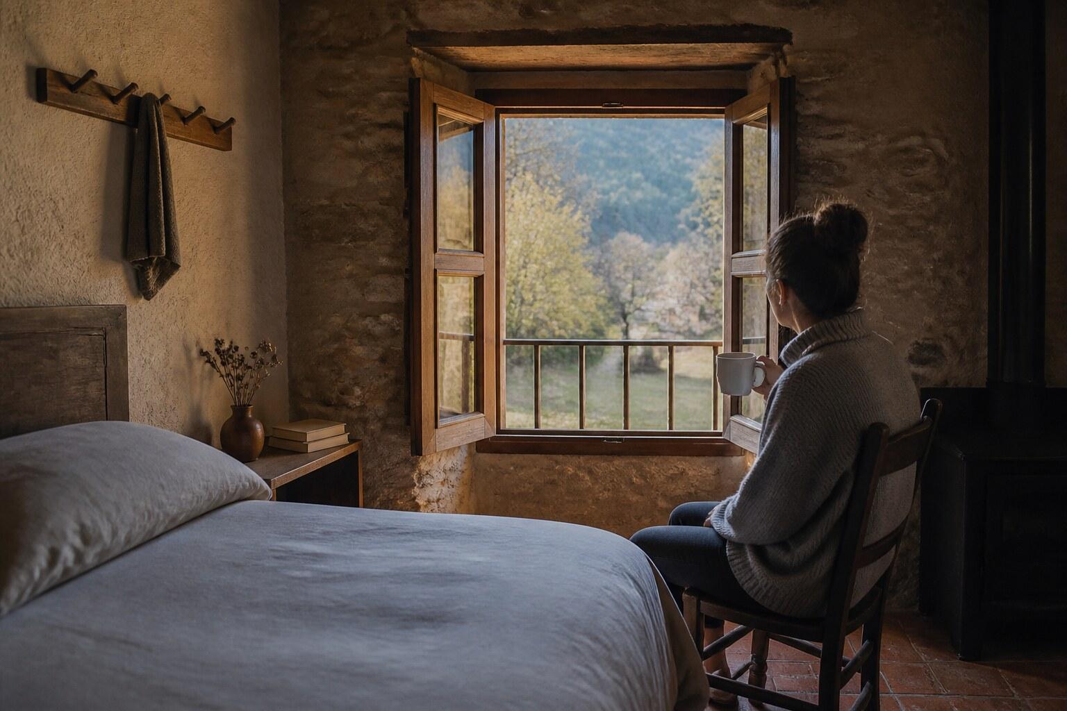 Traveler reading in a quiet Vall de Bianya farm room