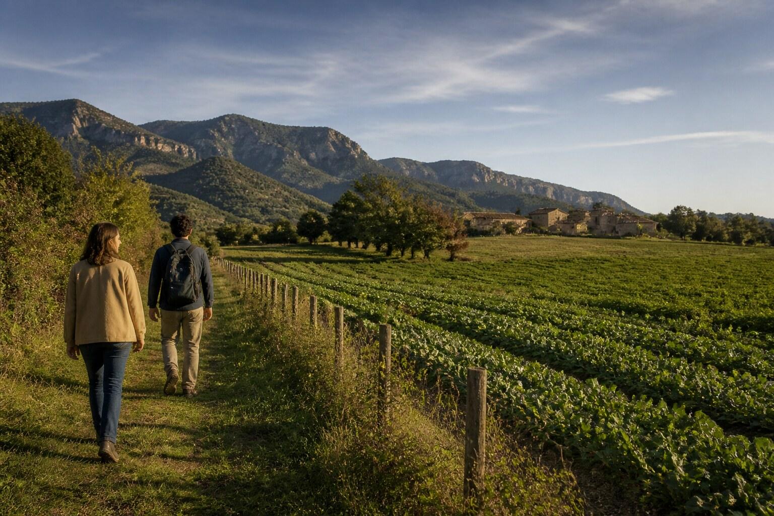Walkers crossing green farm fields in Vall de Bianya